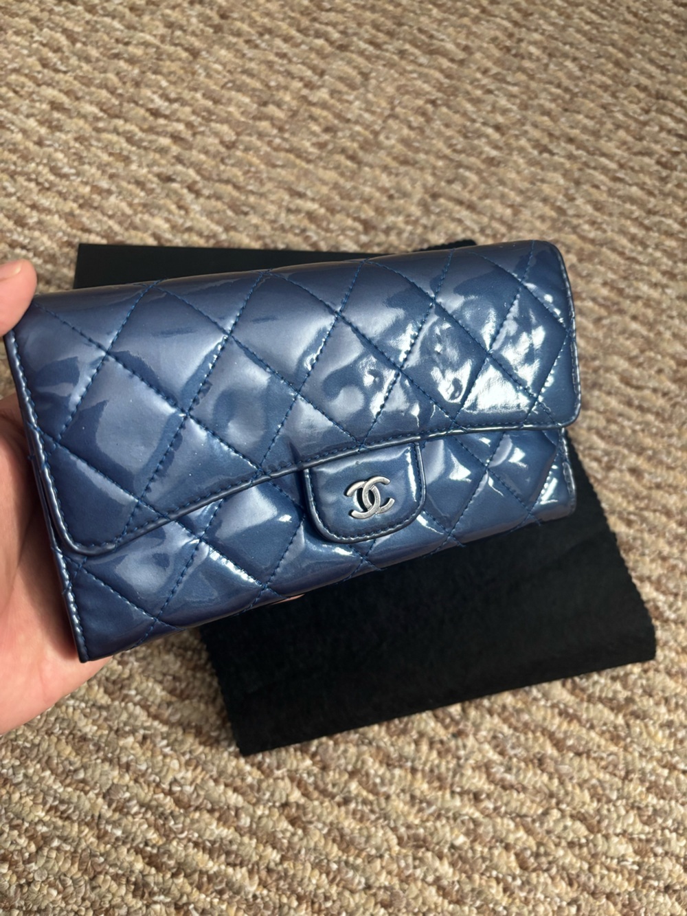 Authentic CHANEL Continental Quilted Patent Leather Wallet in Deep Blue - Picture 2 of 15